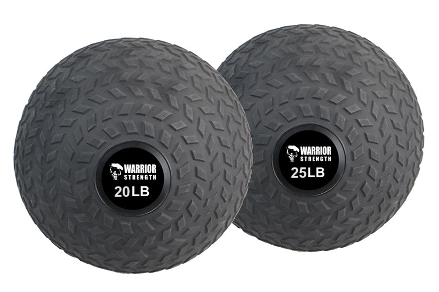 Two gray textured slam balls labeled Warrior Strength, 20LB and 25LB, on white background