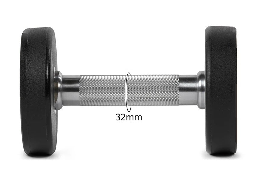 Warrior Elite Urethane Pro-Style Dumbbell with black rubber plates, chrome knurled handle, 32mm grip width, flat lay on white