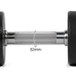 Warrior Elite Urethane Pro-Style Dumbbell with black rubber plates, chrome knurled handle, 32mm grip width, flat lay on white