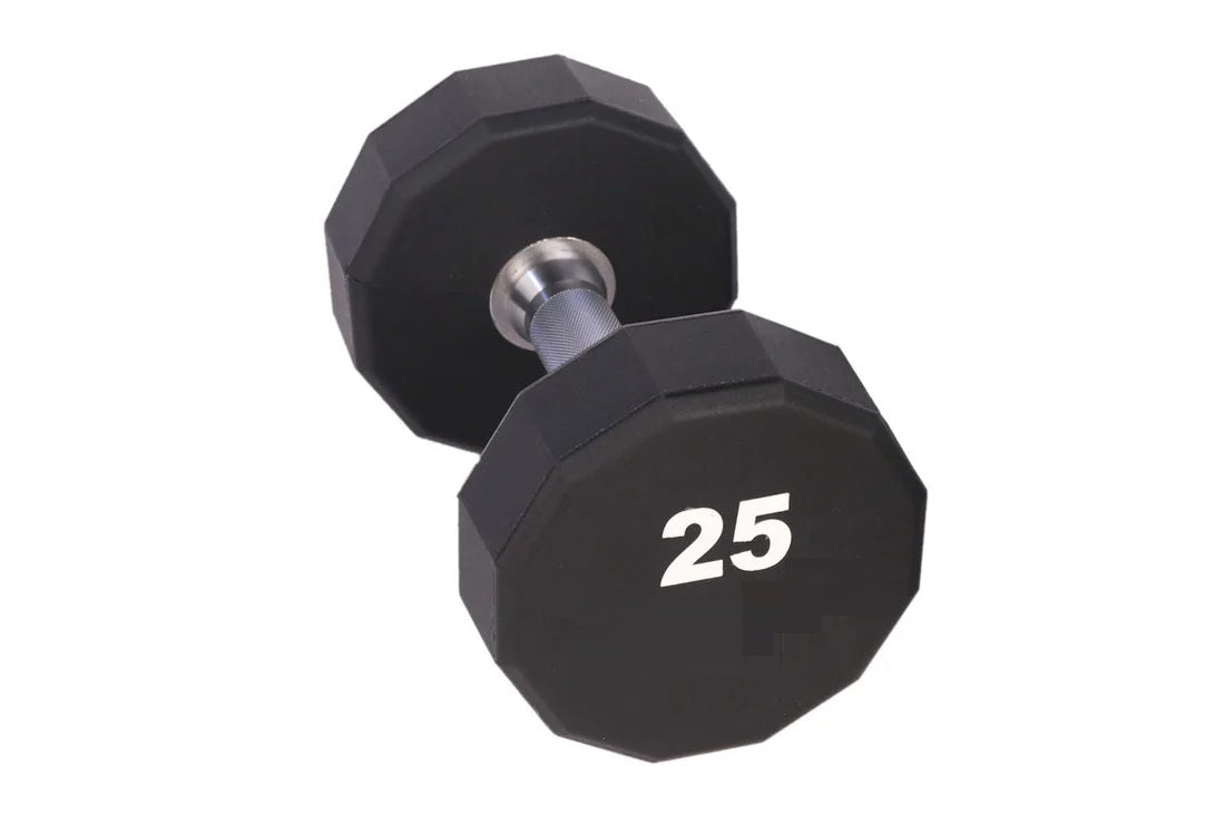 Pair of black 12-sided urethane dumbbells with chrome handles, marked 25 pounds, on white background