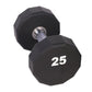 Pair of black 12-sided urethane dumbbells with chrome handles, marked 25 pounds, on white background