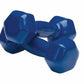 Pair of blue vinyl-coated dumbbells with hexagonal shape, displayed on white background