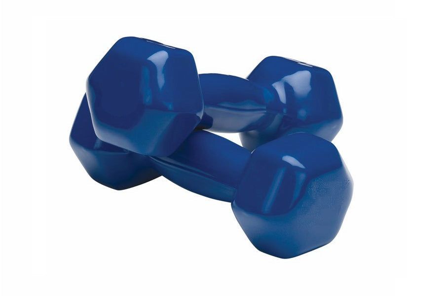 Pair of blue vinyl-coated dumbbells with hexagonal shape, displayed on white background