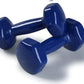 Pair of navy blue vinyl-coated dumbbells with glossy finish on white background