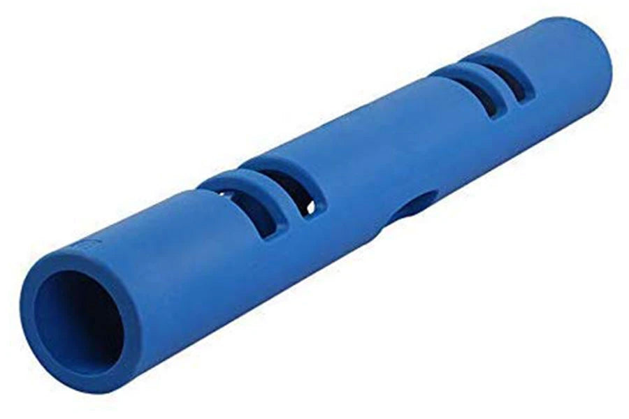 Blue foam roller with adjustment straps and hollow center, displayed on white background
