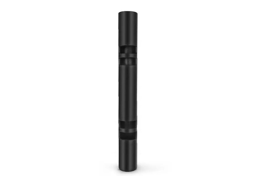 Black cylindrical foam roller with segmented grip bands on white background