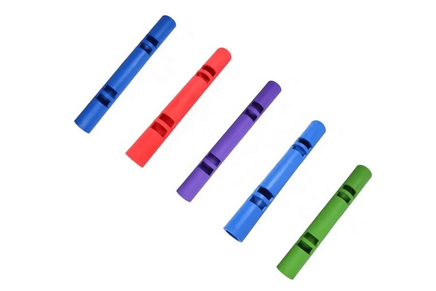 Five resistance tubes in blue, red, purple, light blue, and green with black grip bands, displayed on white background