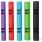 Five cylindrical foam rollers in purple, red, cyan, green, and black with grip bands, displayed in a row on white background