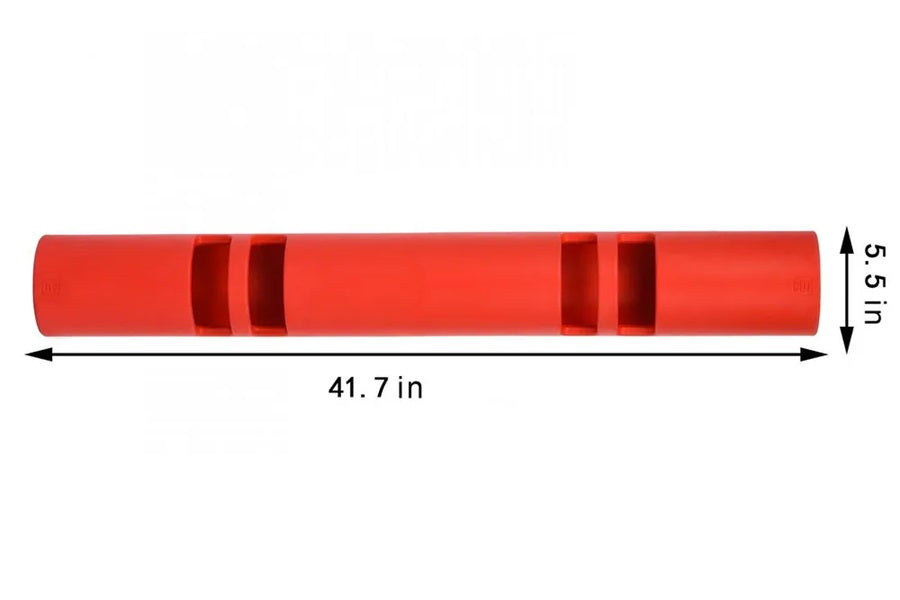 Red foam roller training tube with grip sections, 41.7 inches long, displayed on white background