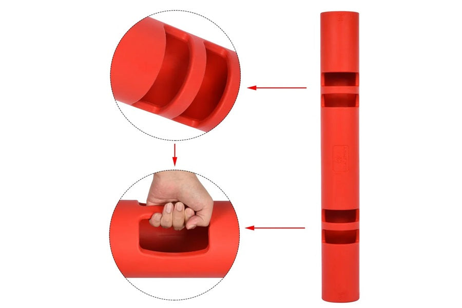 Red cylindrical fitness tube with segmented grip handles, showing assembly and usage details with close-up of hand grip