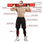 Shirtless man holding red foam tube across shoulders, labeled with major muscle groups including triceps, deltoids, abdominal