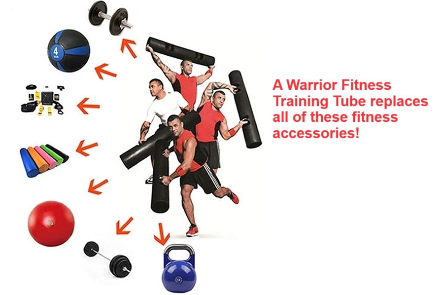 Black foam training tube held by four men in red shirts demonstrating exercises, surrounded by icons of fitness equipment it 