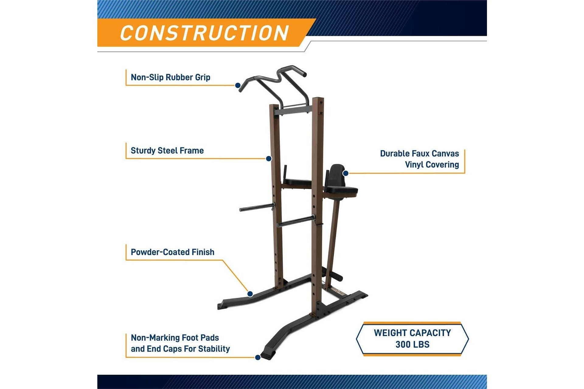 Warrior VKR/Dip Power Tower with sturdy steel frame, non-slip rubber grip handles, durable faux canvas vinyl covering, powder