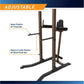 Adjustable brown and black VKR power tower with dip bars, vertical knee raise station, and padded backrest on white backgroun