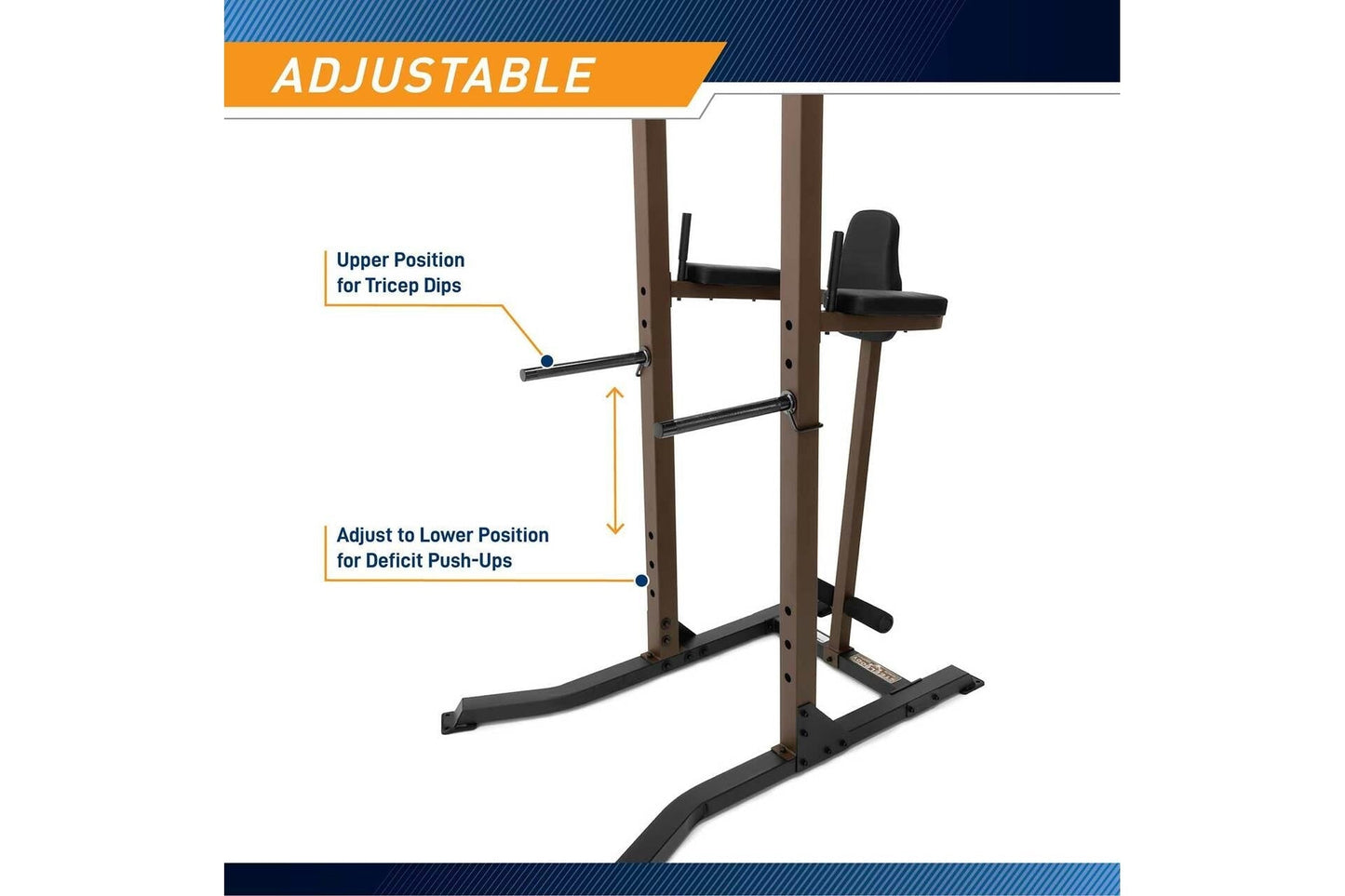 Adjustable brown and black VKR power tower with dip bars, vertical knee raise station, and padded backrest on white backgroun