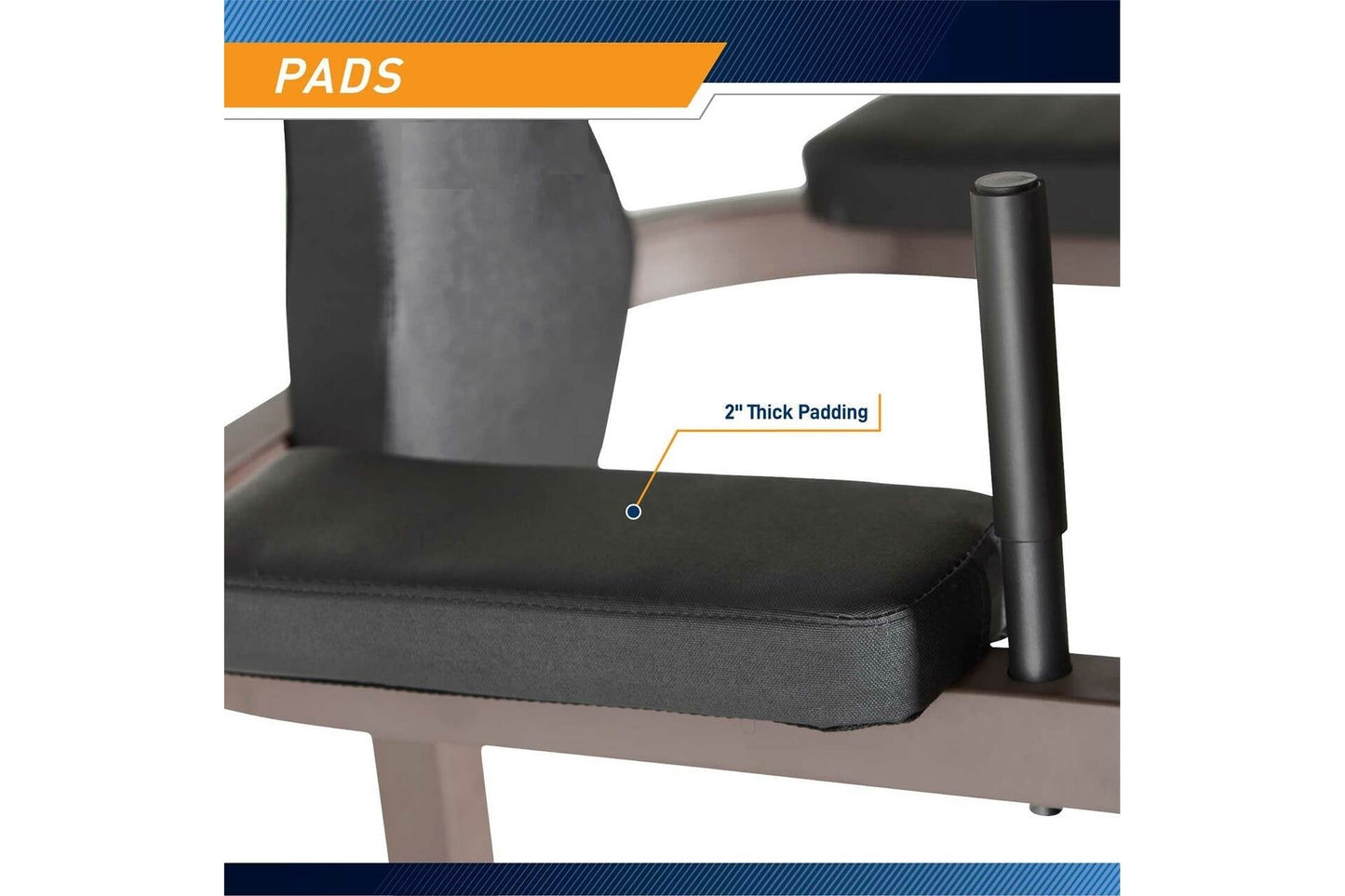 Black 2-inch thick padding on dip tower seat and backrest, shown on white background
