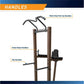 Multi-station power tower with brown wooden frame and black metal handles, featuring multi-grip pull-up handles at top, knee 