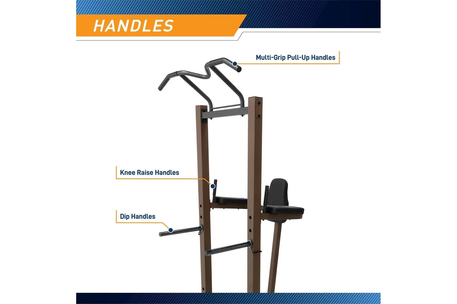 Multi-station power tower with brown wooden frame and black metal handles, featuring multi-grip pull-up handles at top, knee 