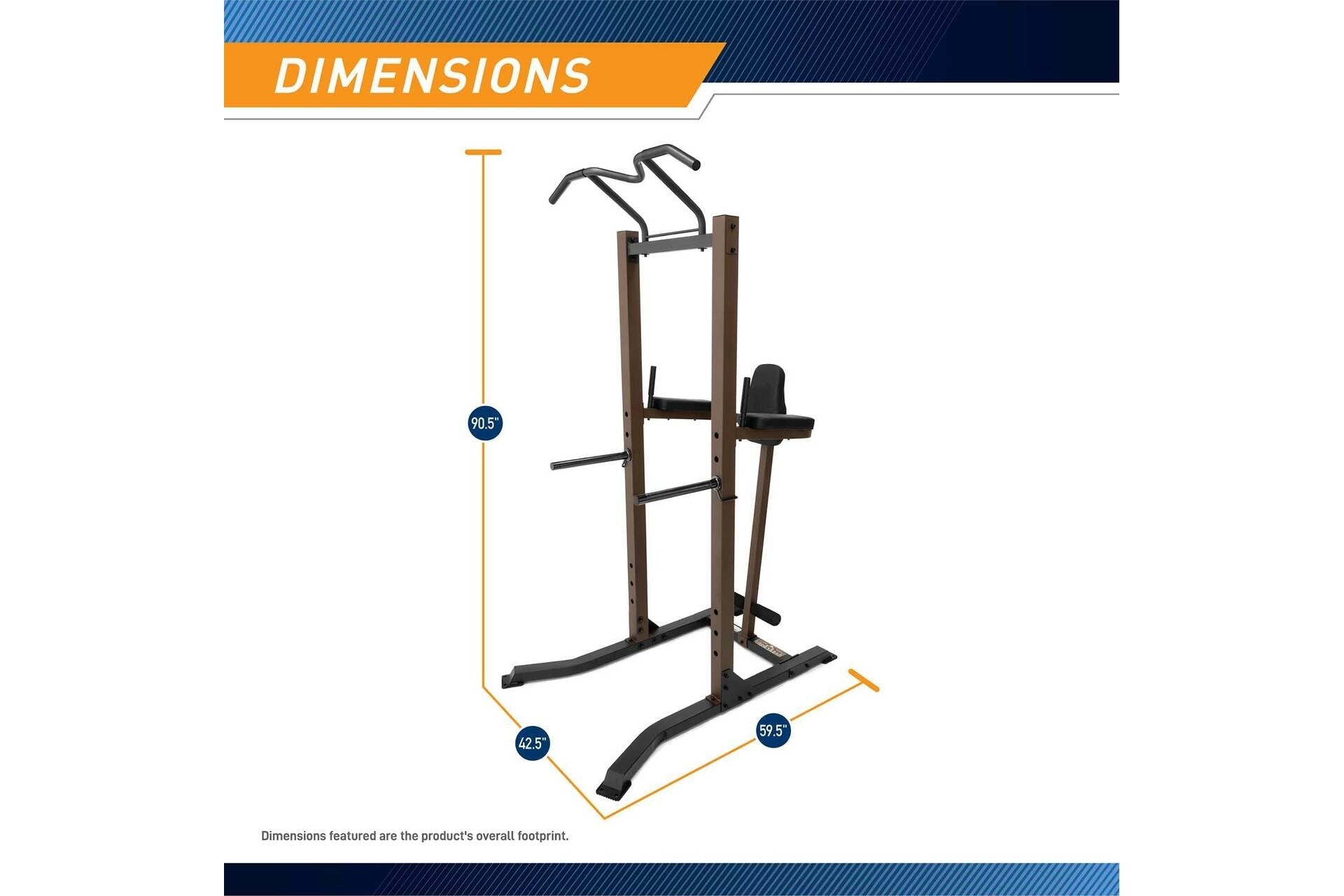 Warrior VKR/Dip Power Tower with brown frame and black accents, shown with dimension measurements indicating 90.5 inches heig