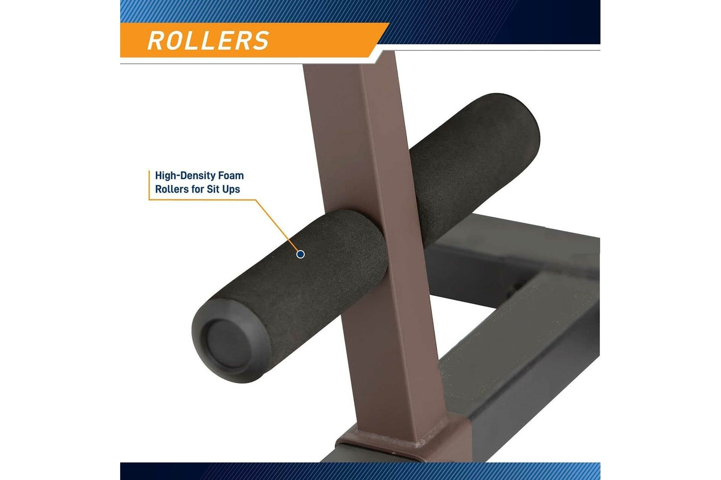High-density foam rollers for sit ups on brown power tower frame, black cylindrical foam with gray end caps