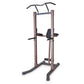 Warrior VKR/Dip Power Tower with burgundy steel frame, black foot pads, and padded handles on white background
