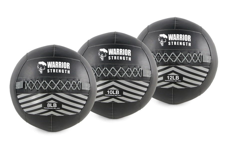 Three black Warrior Strength wall balls with white skull logo and chevron stripe design, labeled 8LB, 10LB, and 12LB