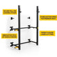 Black and yellow wall-mounted squat rack with fold-up handles, featuring secure pull pin locking system and stabilisation hin