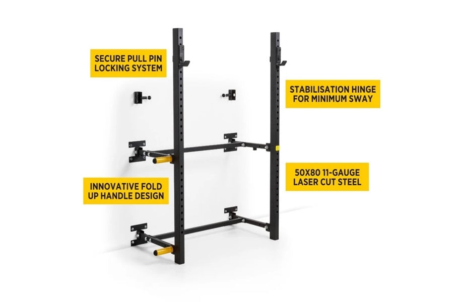 Black and yellow wall-mounted squat rack with fold-up handles, featuring secure pull pin locking system and stabilisation hin