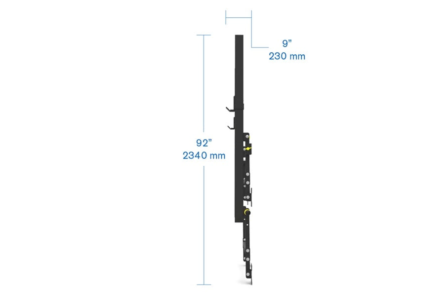 Black wall-mounted fold-up squat rack with dimensions 92 inches tall and 9 inches wide, featuring multiple attachment points 
