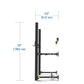 Black wall-mounted squat rack with fold-up design, adjustable arms, and safety catches, shown with dimension measurements of 