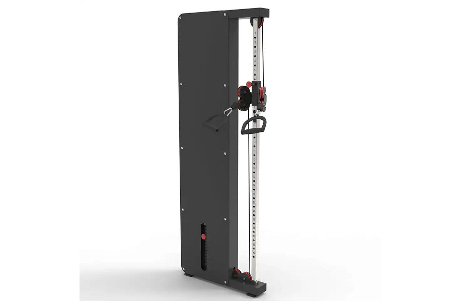 Warrior wall-mounted cable pulley home gym system with single black stack, adjustable height rail, and red handle attachment 