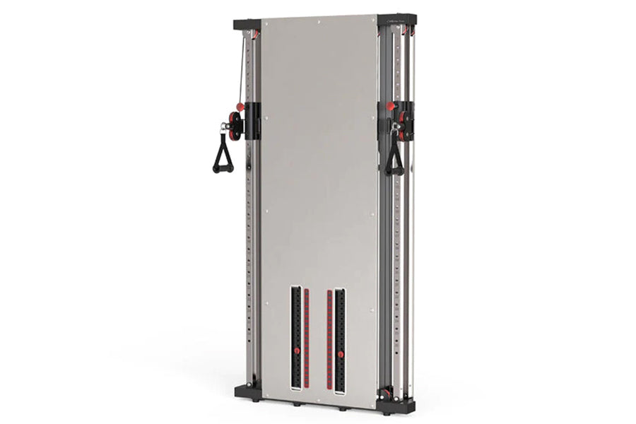 Warrior wall-mounted cable pulley gym system with dual stacks, grey panels, black frame, and red accents on white background