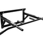 Black steel wall-mounted pull-up bar with multiple grip handles and bolted bracket mounting on white background