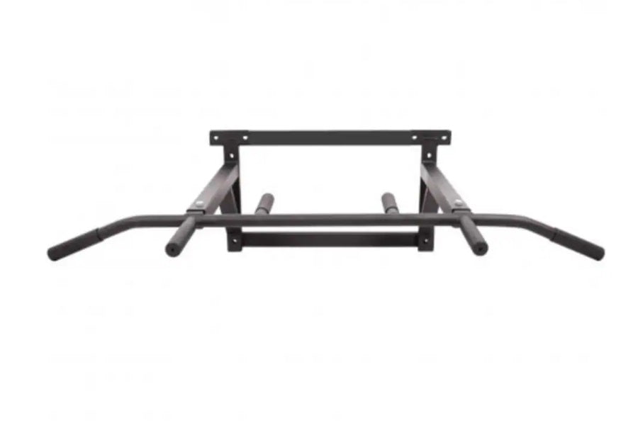 Black steel wall-mounted chin up bar with curved handles and mounting brackets on white background