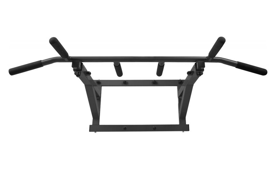 Black heavy-duty wall-mounted pull-up bar with multiple grip positions and foam-padded handles on white background
