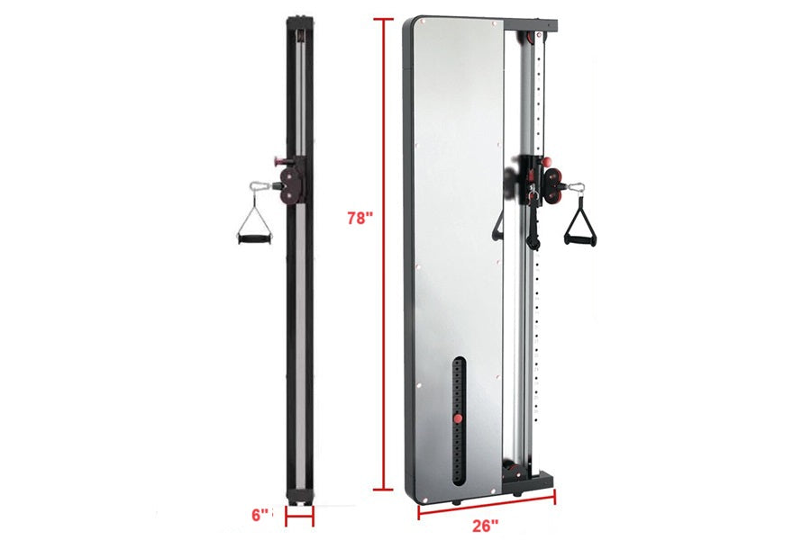 Warrior wall-mounted cable pulley home gym system with single weight stack, 78 inches tall, featuring dual cable attachments 