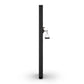 Tall black metal cable pulley post with hanging weight stack, mounted wall system on white background