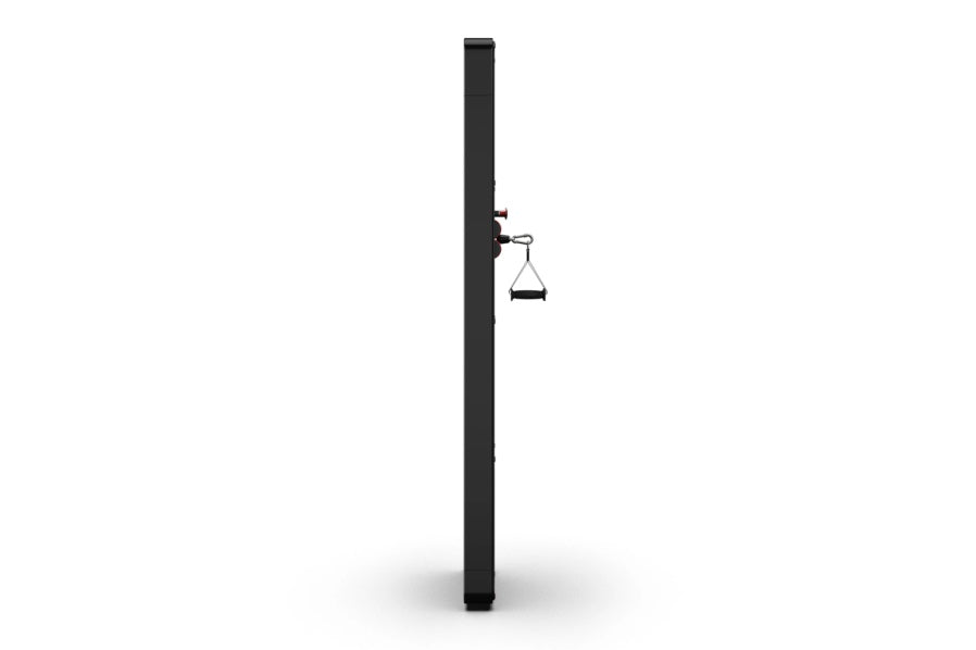 Tall black metal cable pulley post with hanging weight stack, mounted wall system on white background