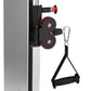 Warrior wall-mounted cable pulley system with black frame, red accents, dual pulleys, and black rope handle on white backgrou