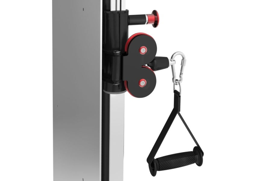 Warrior wall-mounted cable pulley system with black frame, red accents, dual pulleys, and black rope handle on white backgrou