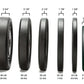 Set of five black rubber bumper plates with varying widths and weights displayed in descending size order, ranging from 45 lb