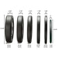 Six black urethane bumper plates displayed in descending size order, labeled with widths from 3 3/4" to 1 3/8" and weights fr