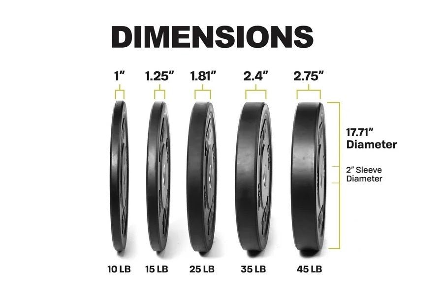 Warrior Hi-Temp Bumper Plates in black rubber, five sizes from 10 lb to 45 lb displayed in a row showing varying widths and 1