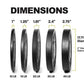 Five black rubber bumper plates with varying widths displayed in a row, showing dimensions from 10 LB to 45 LB, with specific