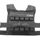 Black weighted vest with multiple resistance pockets, adjustable shoulder straps, and front buckle closure on white backgroun