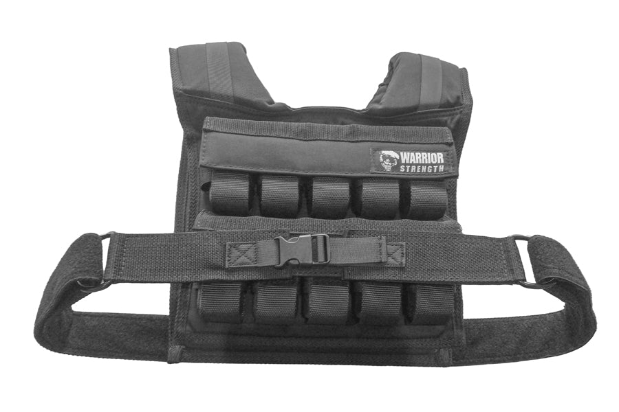 Black weighted vest with Warrior Strength branding, featuring padded shoulders, adjustable straps, and weight pockets on fron