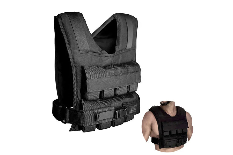 Black weighted vest with shoulder straps and adjustable webbing, displayed flat and worn by model