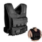 Black weighted vest with padded shoulders, multiple webbing straps, and adjustable buckles, shown standalone and worn by mode