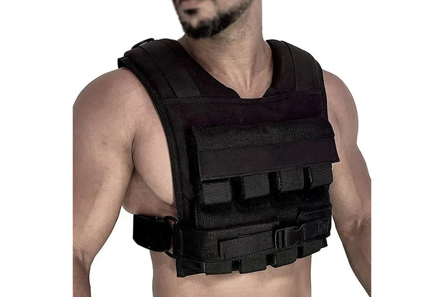 Black weighted vest with adjustable straps and buckle closures, worn by male model on white background