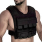 Black weighted vest with multiple front pockets and adjustable straps, worn by model on white background